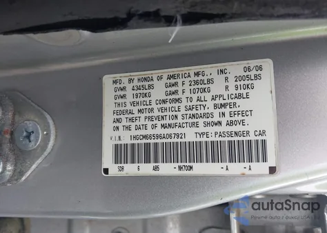 2006 Honda Accord Sdn Ex-L V6 from USA, damaged, VIN 1HGCM66596A067921
